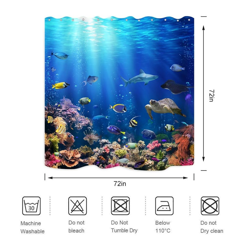 ZXMBF Ocean Underwater World Shower Curtain Colorful Tropical Fishes Turtle Coral in The Deep Sea Home DÃ©cor Waterproof Fabric 72Lx72W Inch Blue Plastic Hooks 12PCS - Image 5